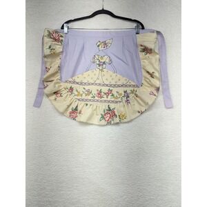 Vintage Floral Apron Lavender‎ Pocket Accent Ruffle Trim Cottagecore Kitchen 52"
